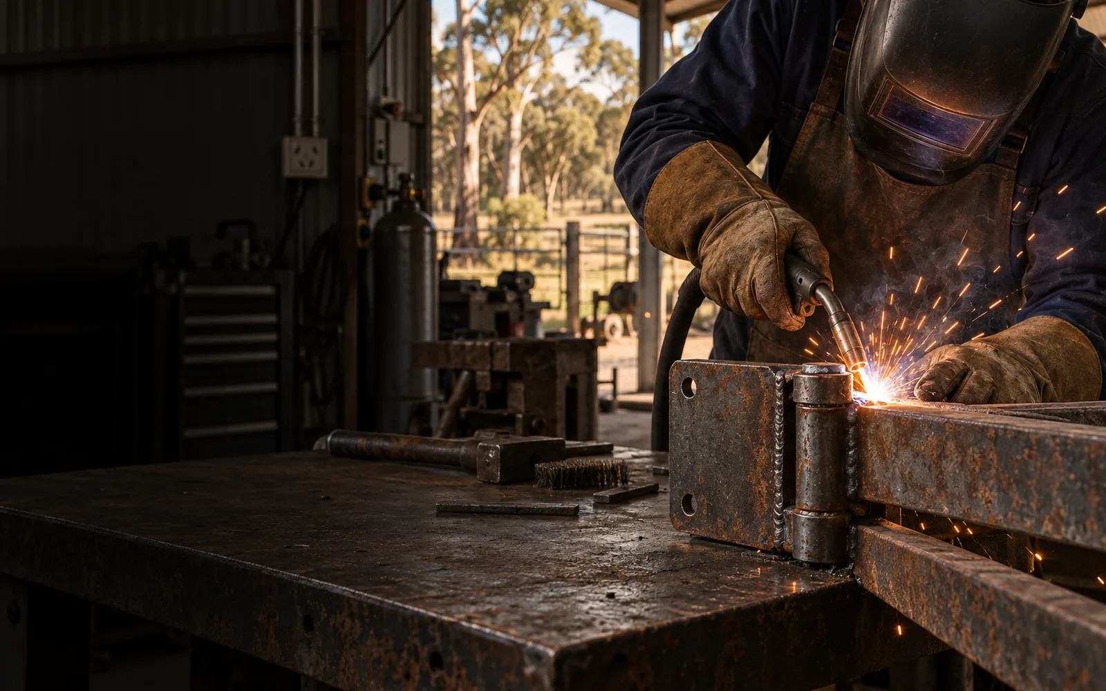 Illustrative image of a welder repairing steel in an Australian farm workshop